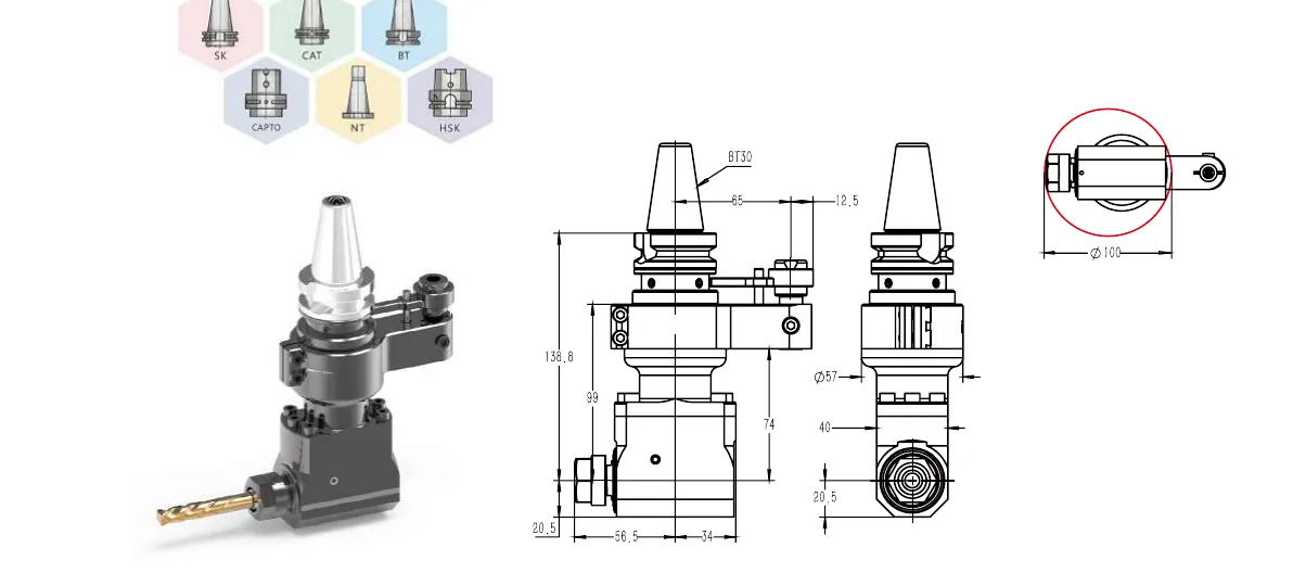Mongtec BT30Q16L angle head — product view and dimensioned drawing