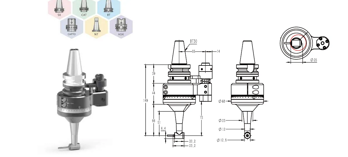Mongtec BT30Q3M angle head — product view and dimensioned drawing
