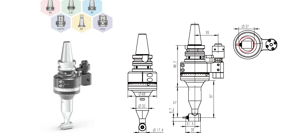 Mongtec BT30Q3RA angle head — product view and dimensioned drawing