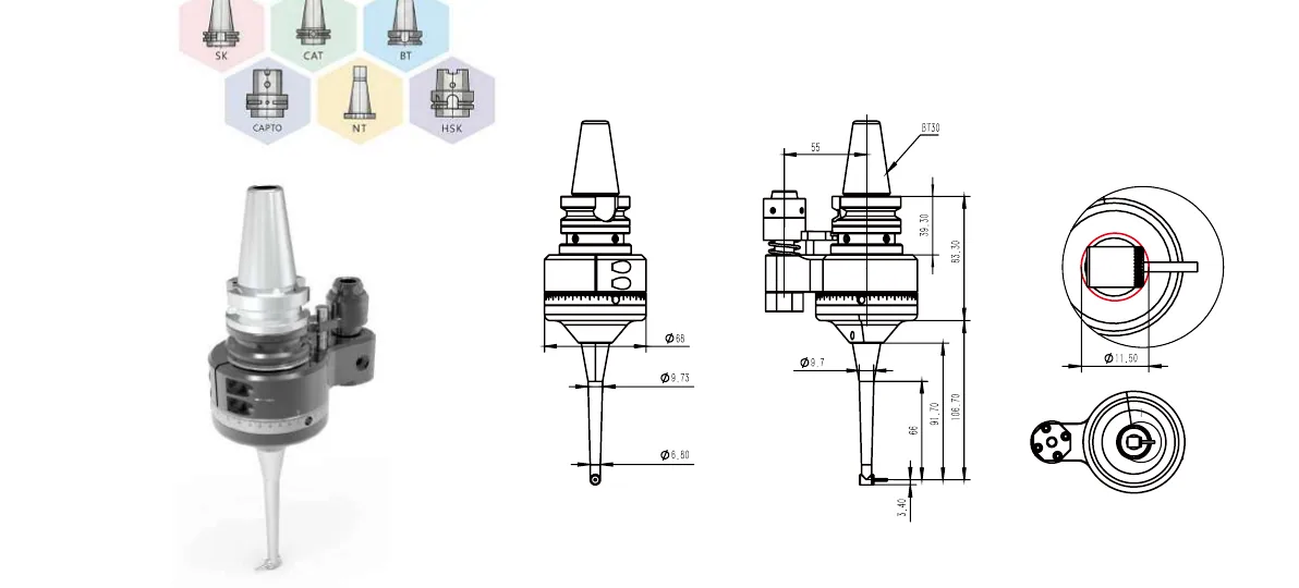 Mongtec BT30QC1.6M angle head — product view and dimensioned drawing