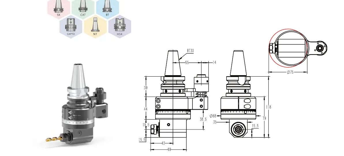 Mongtec BT30QER11 angle head — product view and dimensioned drawing