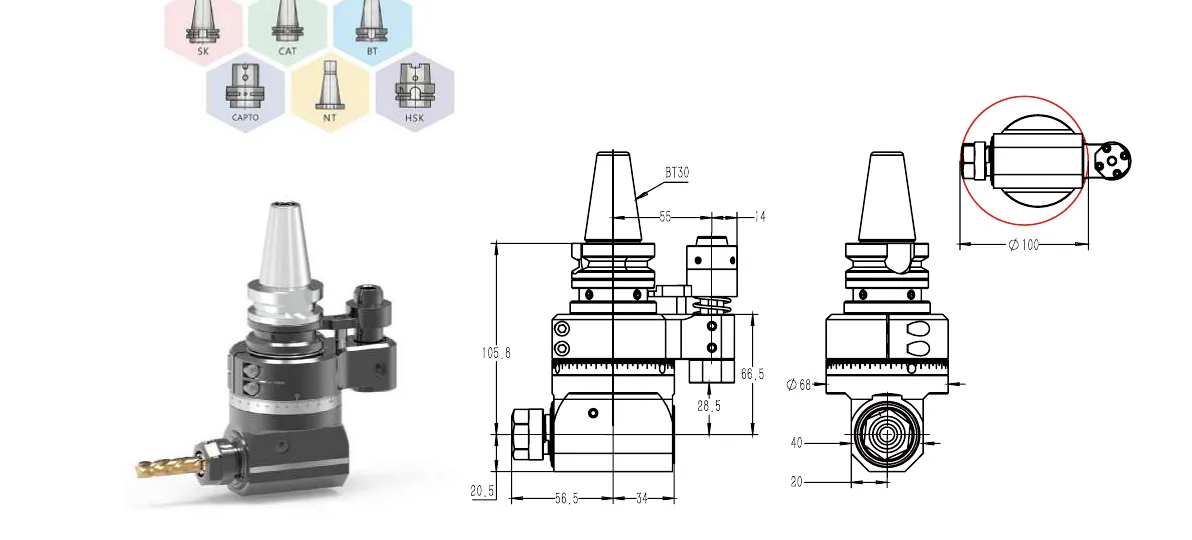 Mongtec BT30QER16 angle head — product view and dimensioned drawing