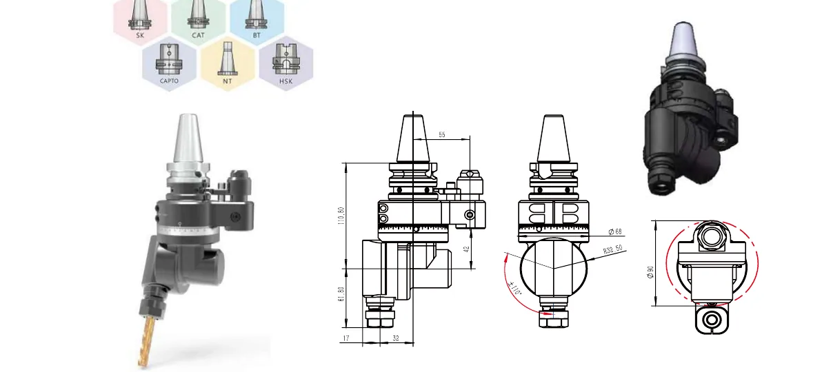 Mongtec BT30QW10 angle head — product view and dimensioned drawing