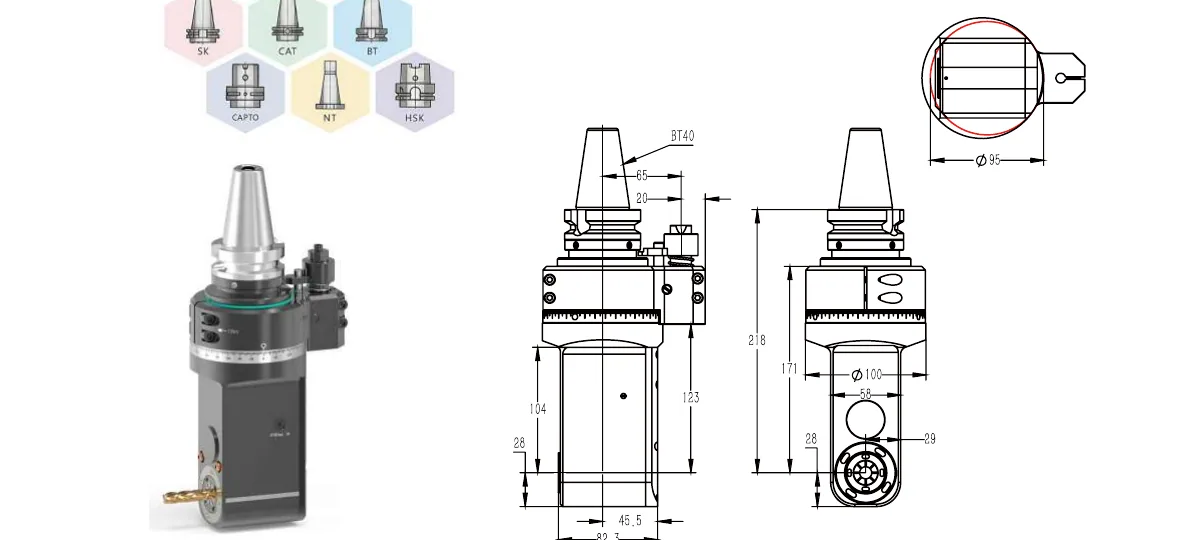 Mongtec BT40QAER25M angle head — product view and dimensioned drawing
