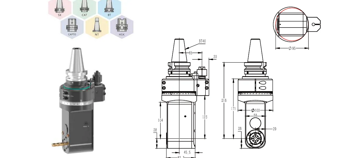 Mongtec BT40QAER25MQ100 angle head — product view and dimensioned drawing