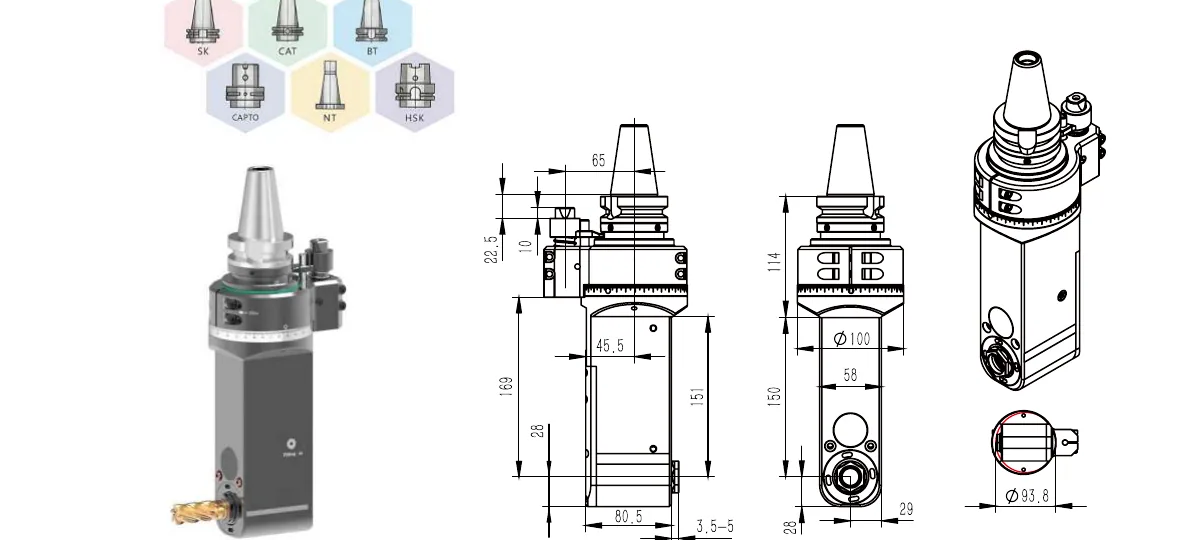 Mongtec BT40QAER25MQ150 angle head — product view and dimensioned drawing