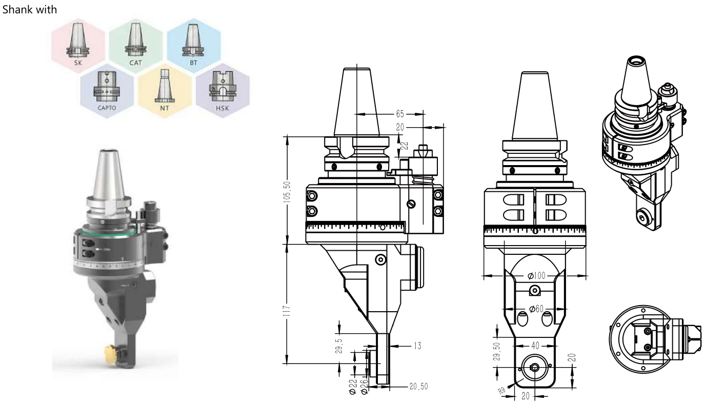 Mongtec BT40QD30Q002 / Boring angle head — product view and dimensioned drawing