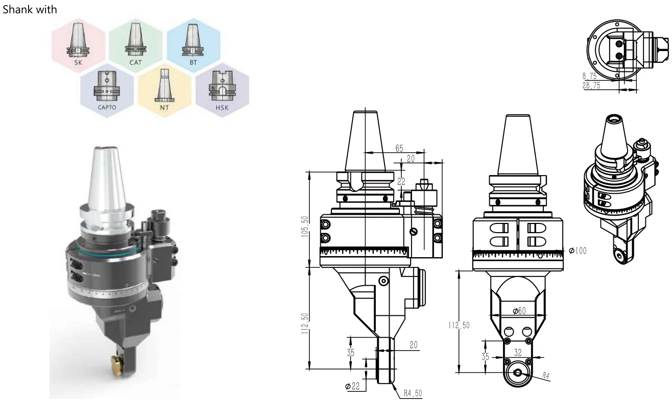 Mongtec BT40QD30Q003 / Surface Milling angle head — product view and dimensioned drawing