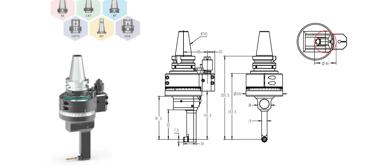 Mongtec BT40QDC5MQ50 angle head — product view and dimensioned drawing
