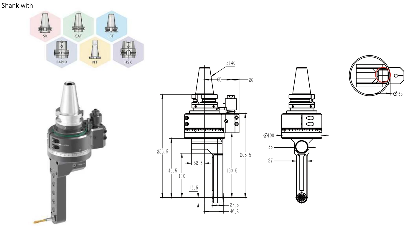 Mongtec BT40QDC6/Square angle head — product view and dimensioned drawing