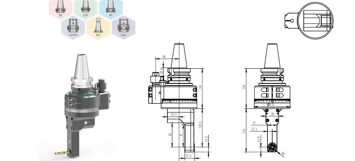 Mongtec BT40QDC6Q66 angle head — product view and dimensioned drawing