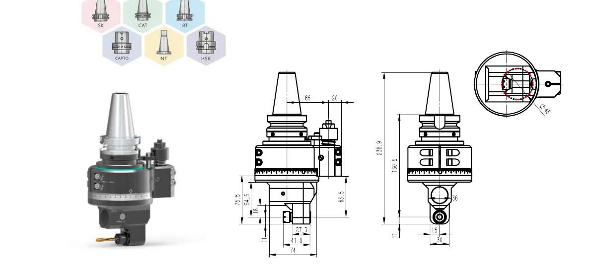 Mongtec BT40QDC7Q18.5 angle head — product view and dimensioned drawing