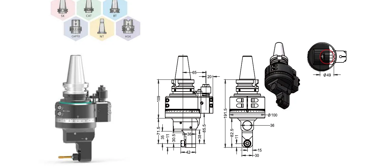 Mongtec BT40QDC7Q35 angle head — product view and dimensioned drawing