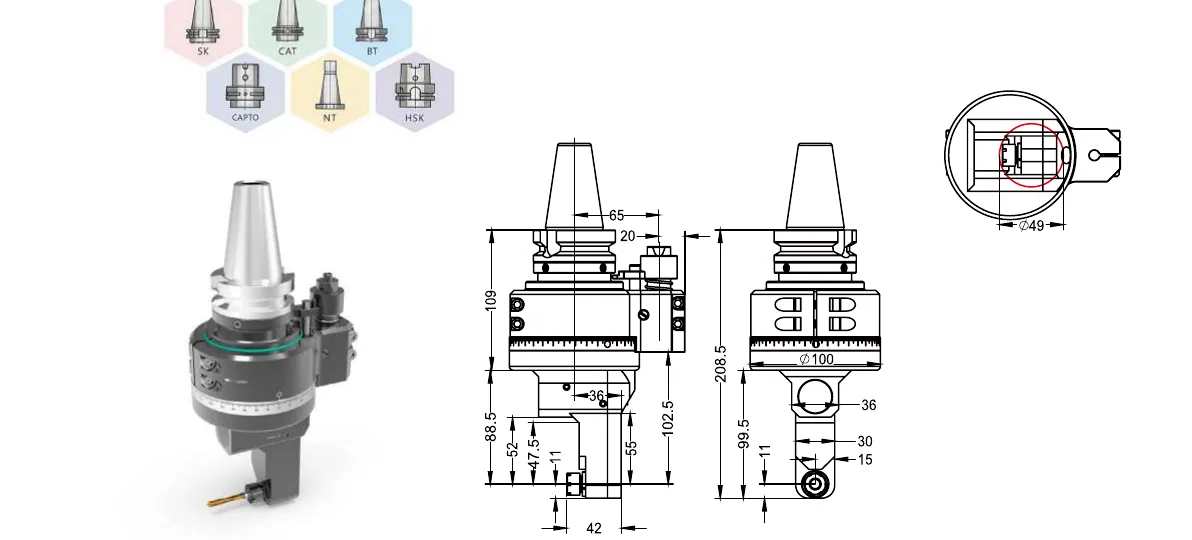 Mongtec BT40QDC7Q52 angle head — product view and dimensioned drawing