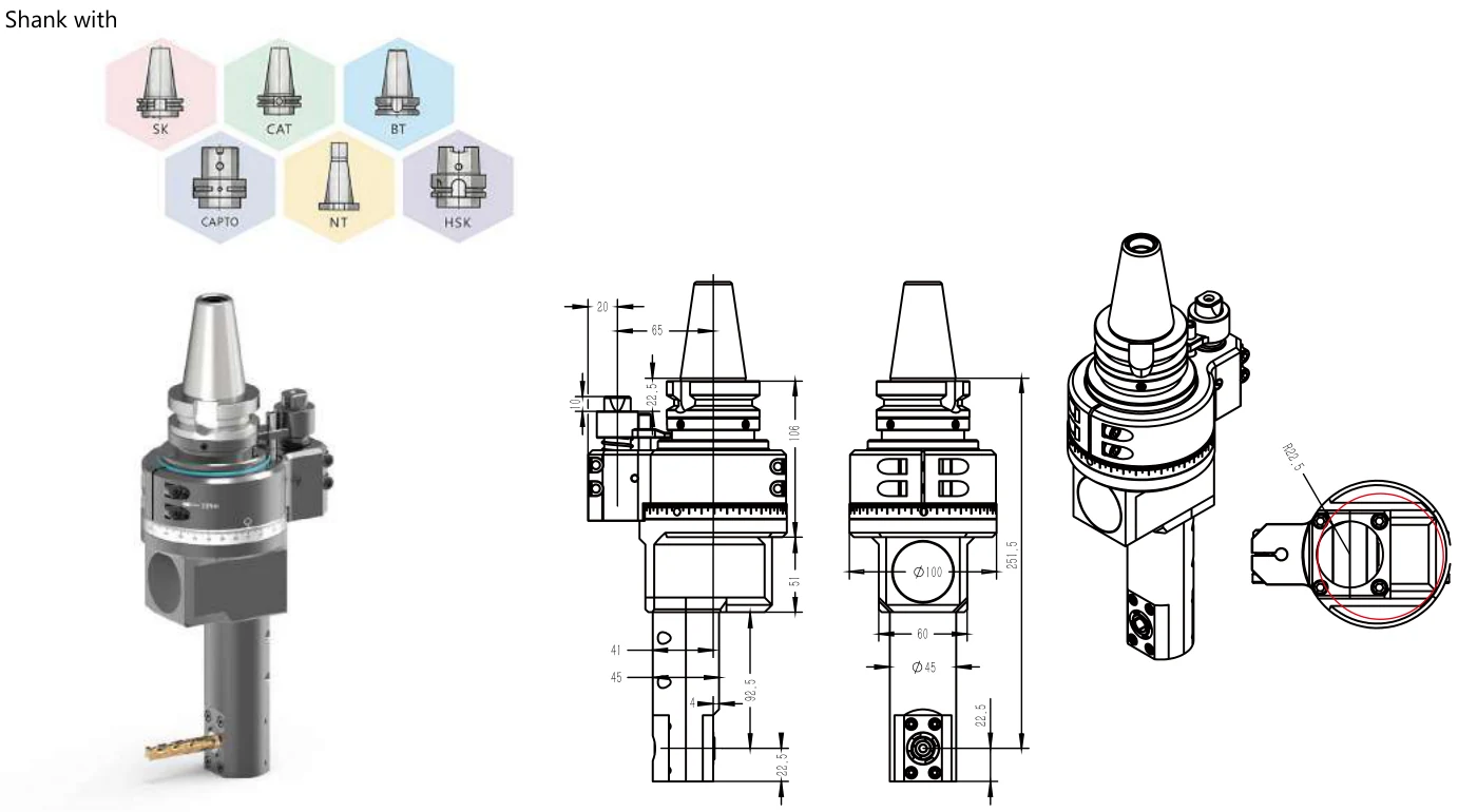 Mongtec BT40QDC8QD45 angle head — product view and dimensioned drawing