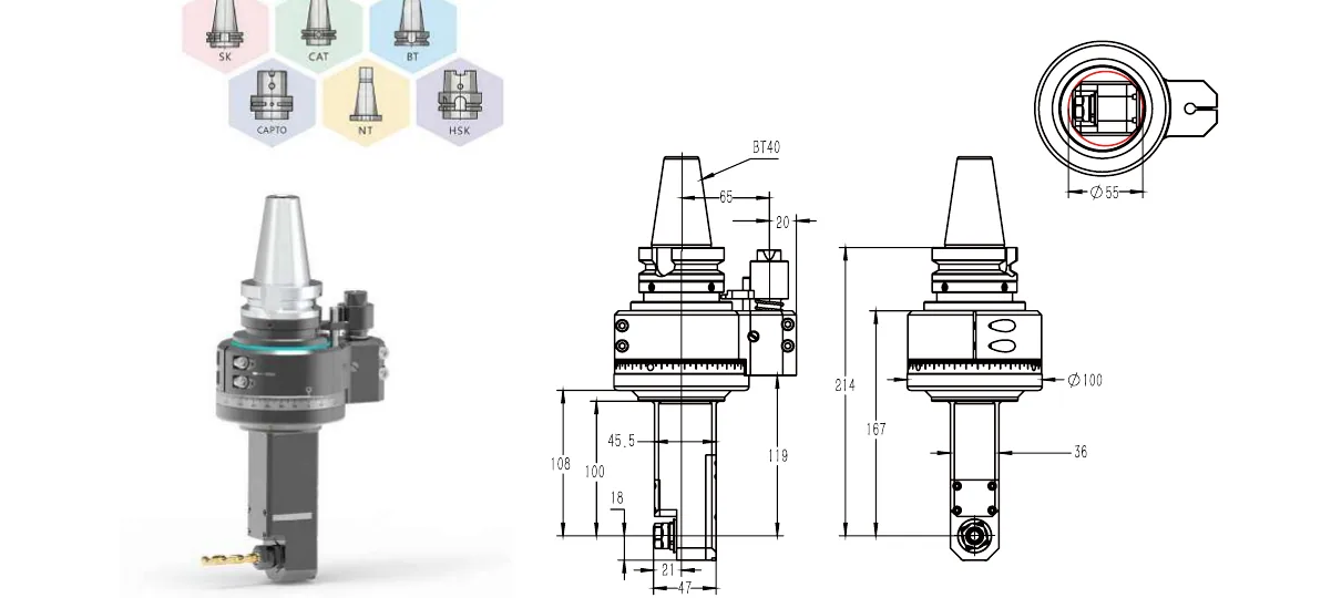 Mongtec BT40QER11MQ100 angle head — product view and dimensioned drawing