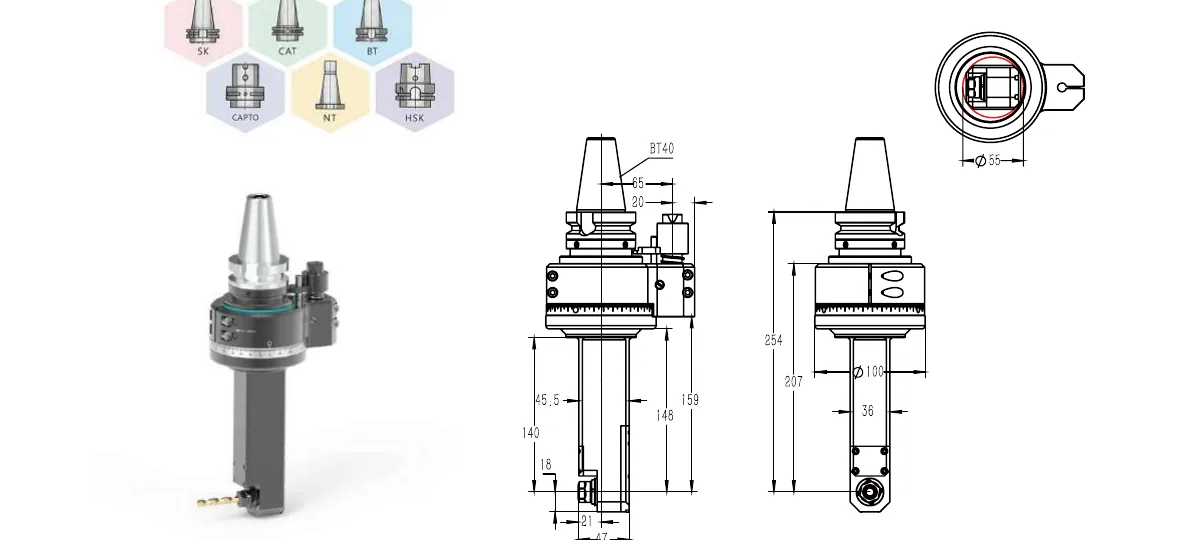 Mongtec BT40QER11MQ140 angle head — product view and dimensioned drawing