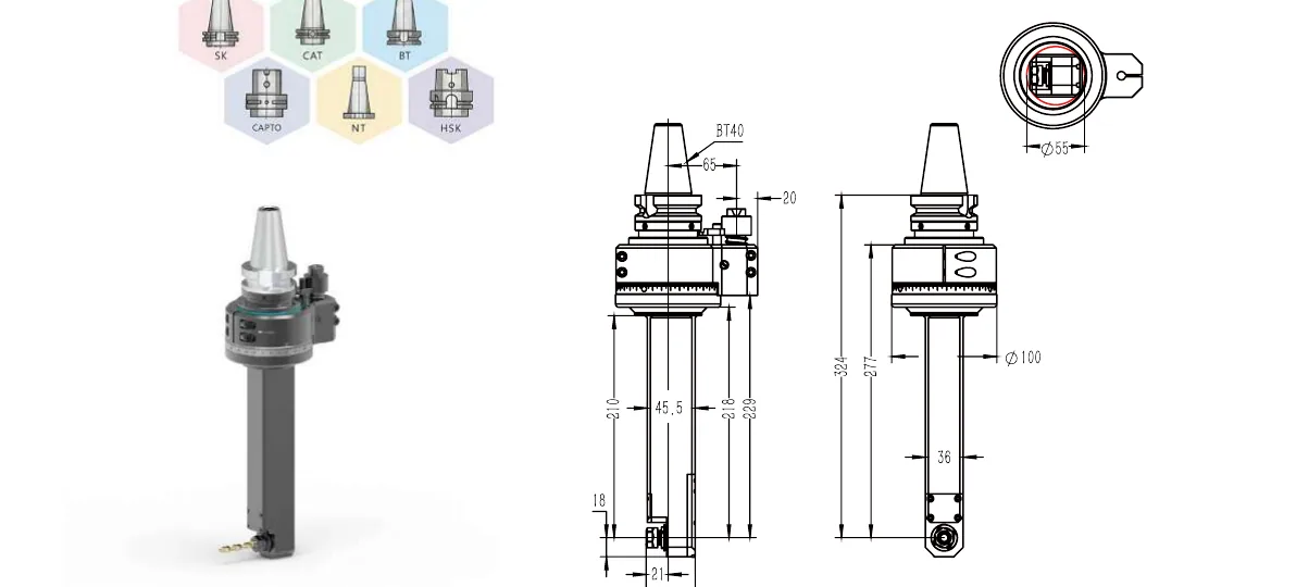 Mongtec BT40QER11MQ210 angle head — product view and dimensioned drawing