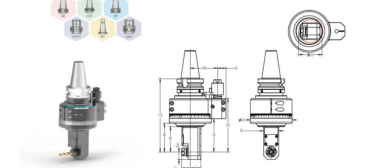 Mongtec BT40QER11MQ60 angle head — product view and dimensioned drawing