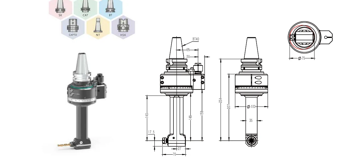 Mongtec BT40QER11Q140 angle head — product view and dimensioned drawing
