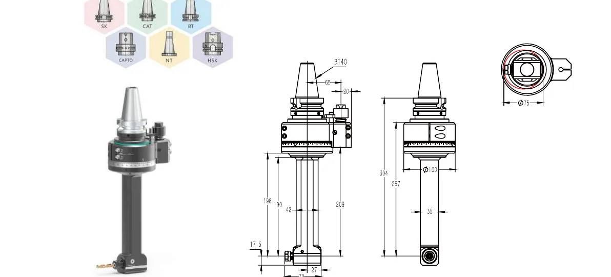 Mongtec BT40QER11Q190 angle head — product view and dimensioned drawing