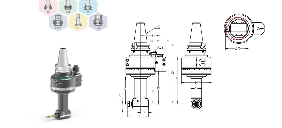 Mongtec BT40QER11Q90 angle head — product view and dimensioned drawing