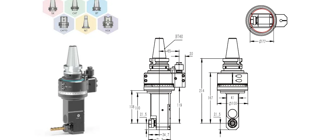 Mongtec BT40QER16MQ100 angle head — product view and dimensioned drawing