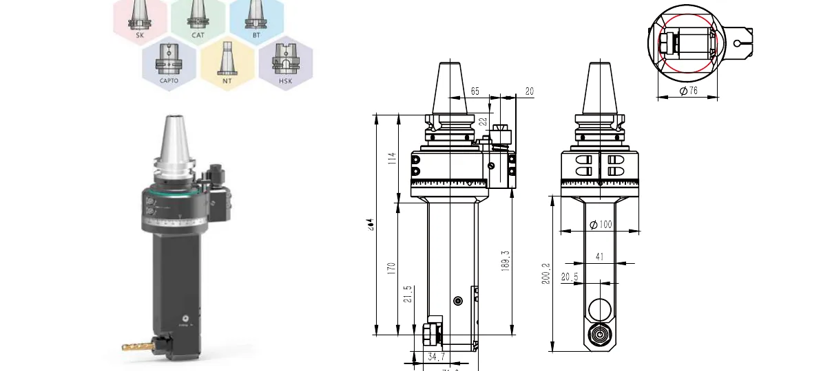 Mongtec BT40QER16MQ170 angle head — product view and dimensioned drawing