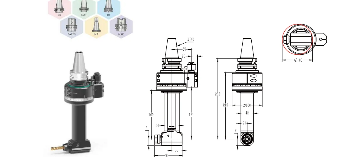 Mongtec BT40QER16Q160 angle head — product view and dimensioned drawing