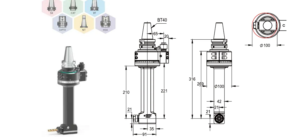 Mongtec BT40QER16Q210 angle head — product view and dimensioned drawing