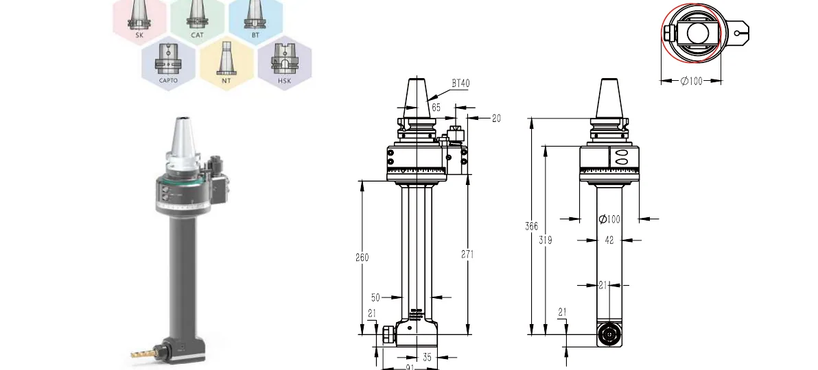 Mongtec BT40QER16Q260 angle head — product view and dimensioned drawing