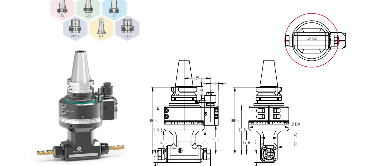Mongtec BT40QER16Q2X angle head — product view and dimensioned drawing