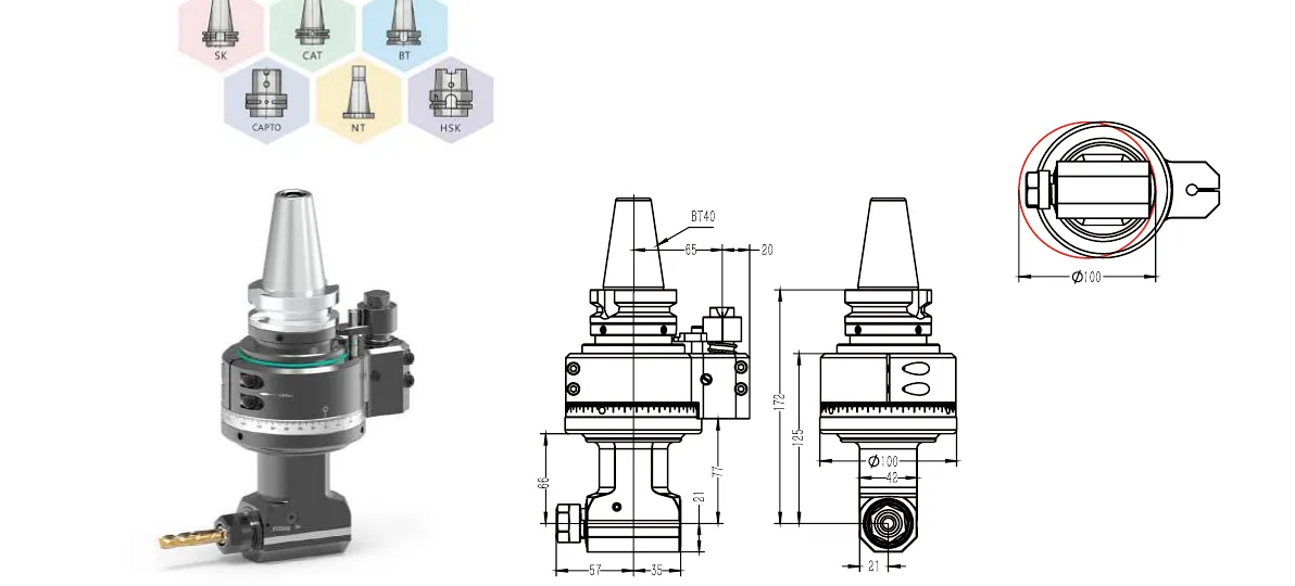 Mongtec BT40QER16Q66 angle head — product view and dimensioned drawing