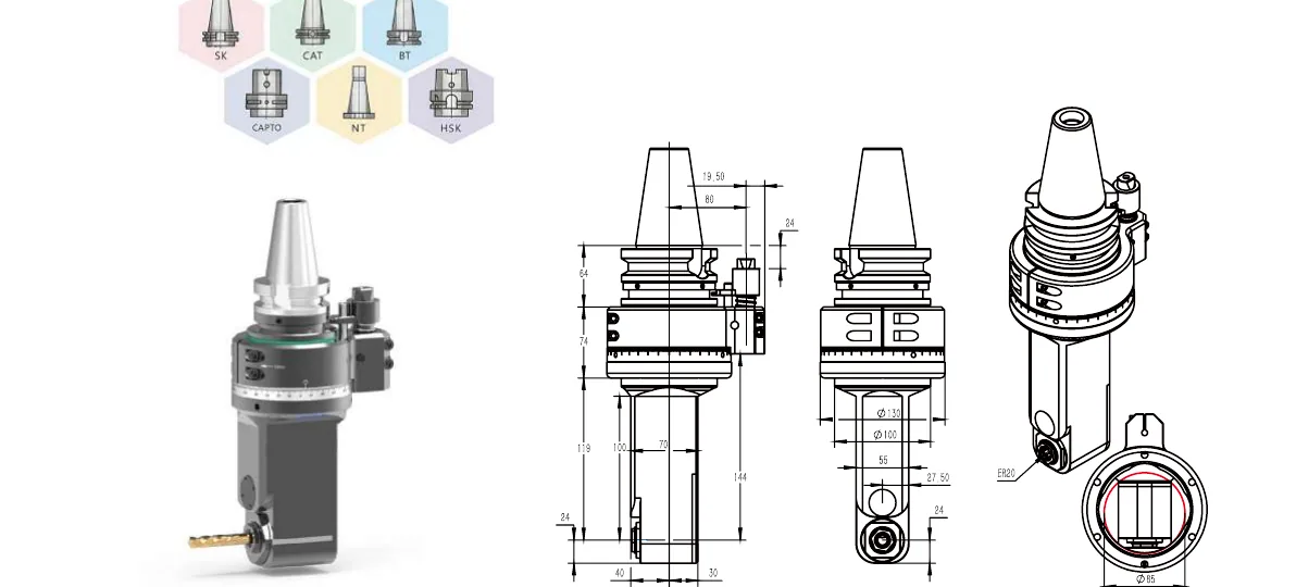 Mongtec BT40QER20MQ100 angle head — product view and dimensioned drawing