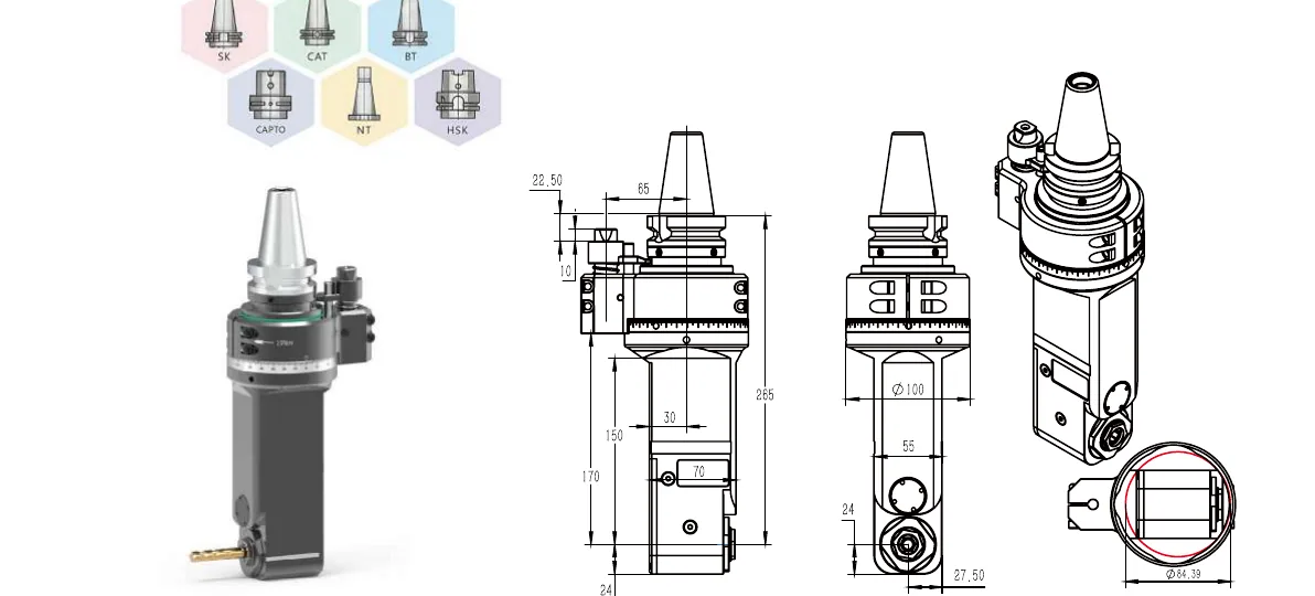 Mongtec BT40QER20MQ150 angle head — product view and dimensioned drawing