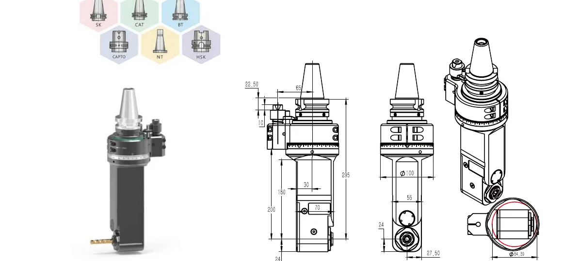 Mongtec BT40QER20MQ180 angle head — product view and dimensioned drawing