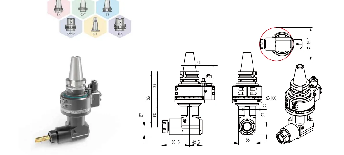 Mongtec BT40QER25L angle head — product view and dimensioned drawing