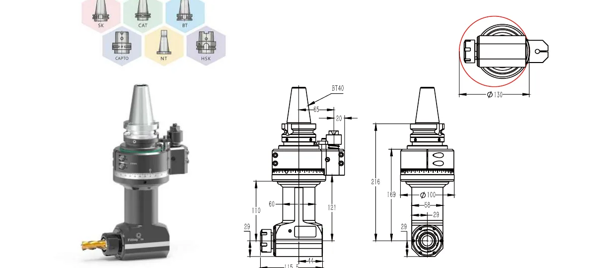 Mongtec Winkelkopf BT40QER25Q110 – Produktansicht und Maßzeichnung