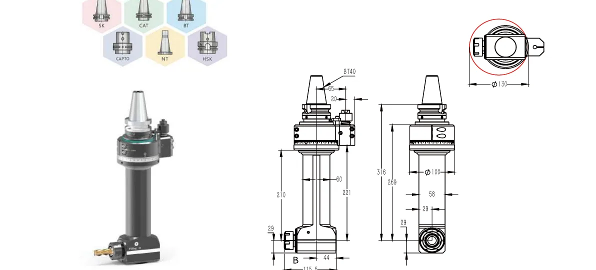 Mongtec Winkelkopf BT40QER25Q210 – Produktansicht und Maßzeichnung