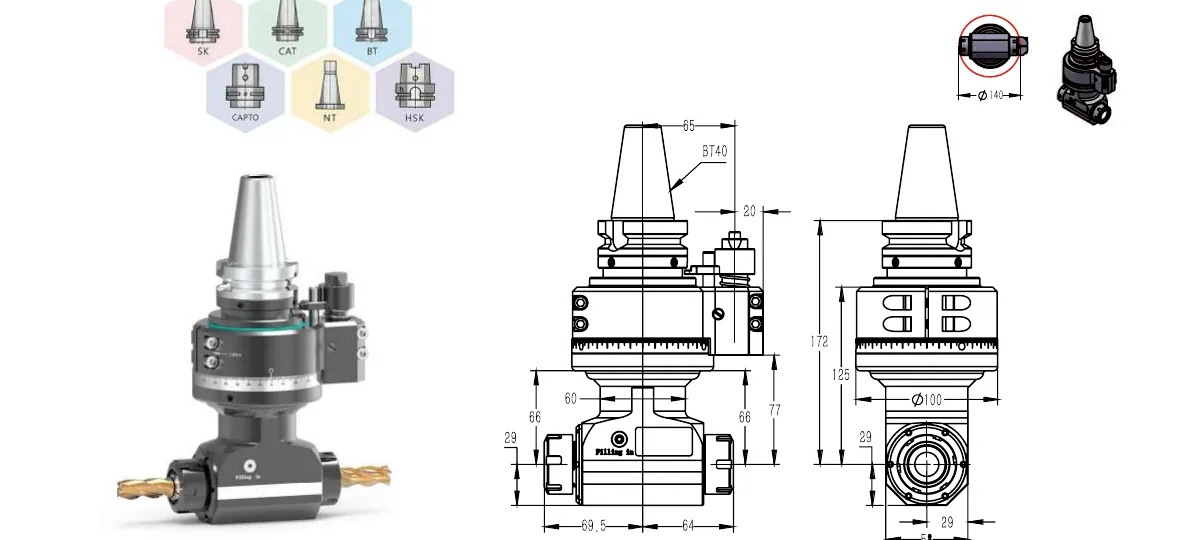 Mongtec BT40QER25Q2X angle head — product view and dimensioned drawing