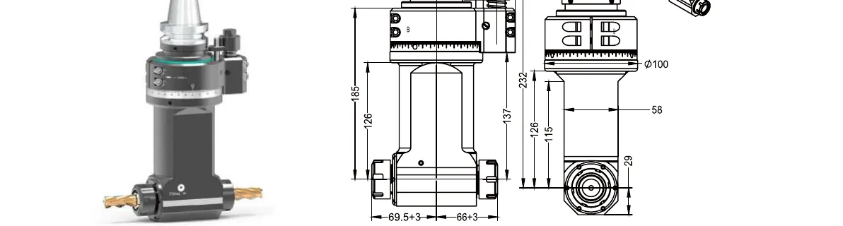 Mongtec BT40QER25Q2XQ125 angle head — product view and dimensioned drawing