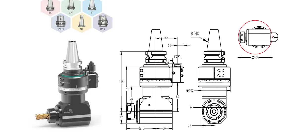 Mongtec Winkelkopf BT40QER32Q80 – Produktansicht und Maßzeichnung