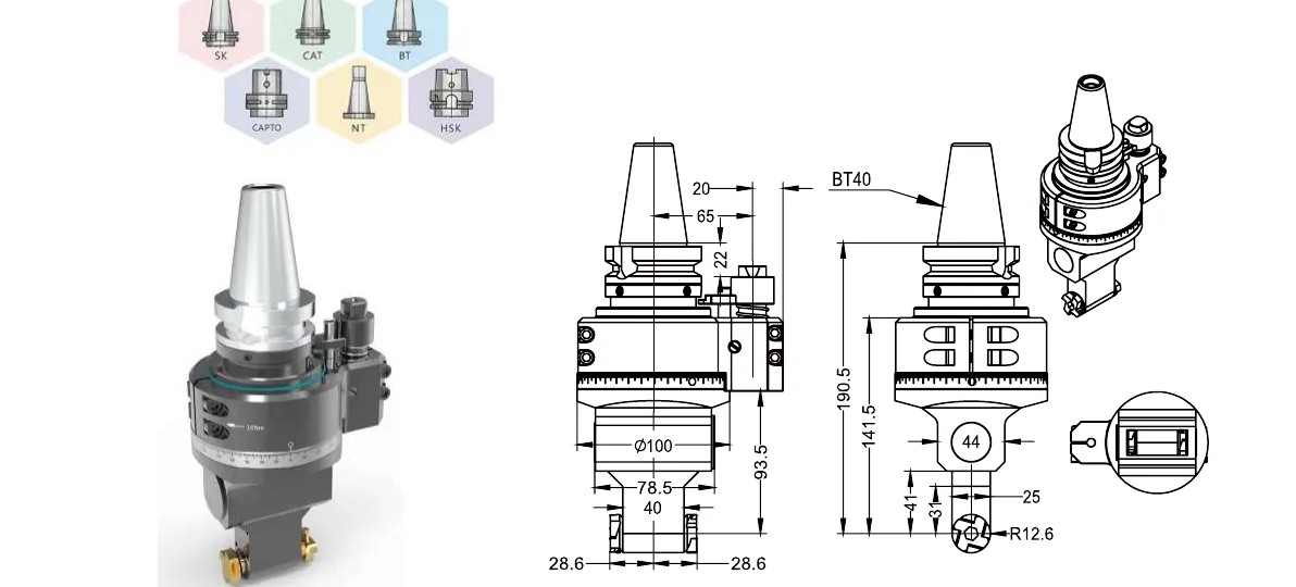 Mongtec BT40QF25Q2X angle head — product view and dimensioned drawing