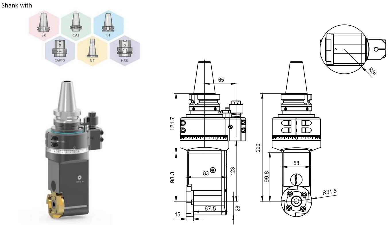 Mongtec Winkelkopf BT40QFMB22MQF63 – Produktansicht und Maßzeichnung