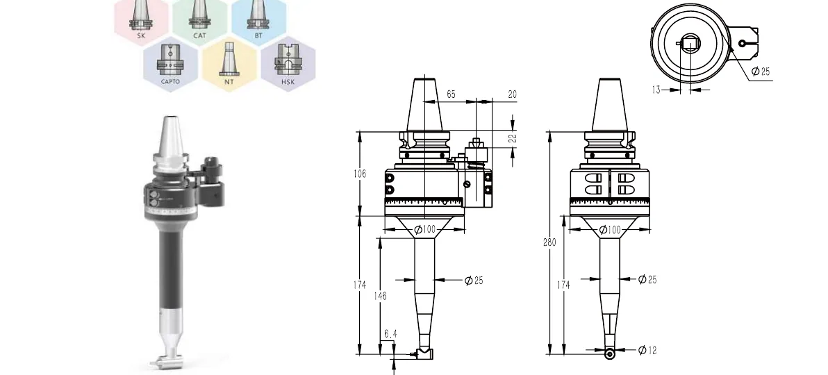 Mongtec BT40QMNM3LQ150 angle head — product view and dimensioned drawing