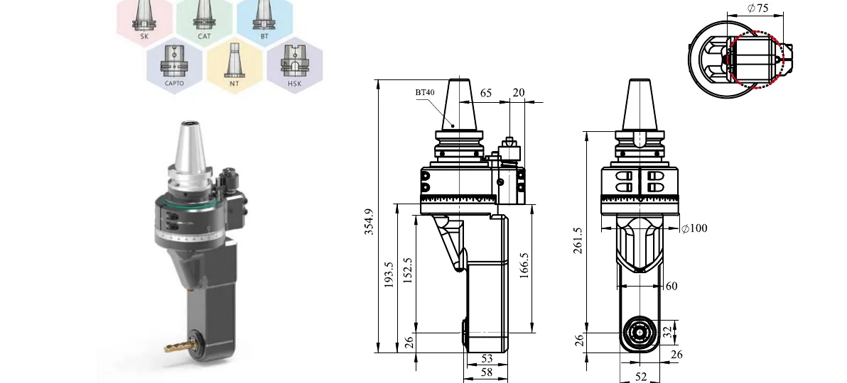 Mongtec BT40QPER13 angle head — product view and dimensioned drawing