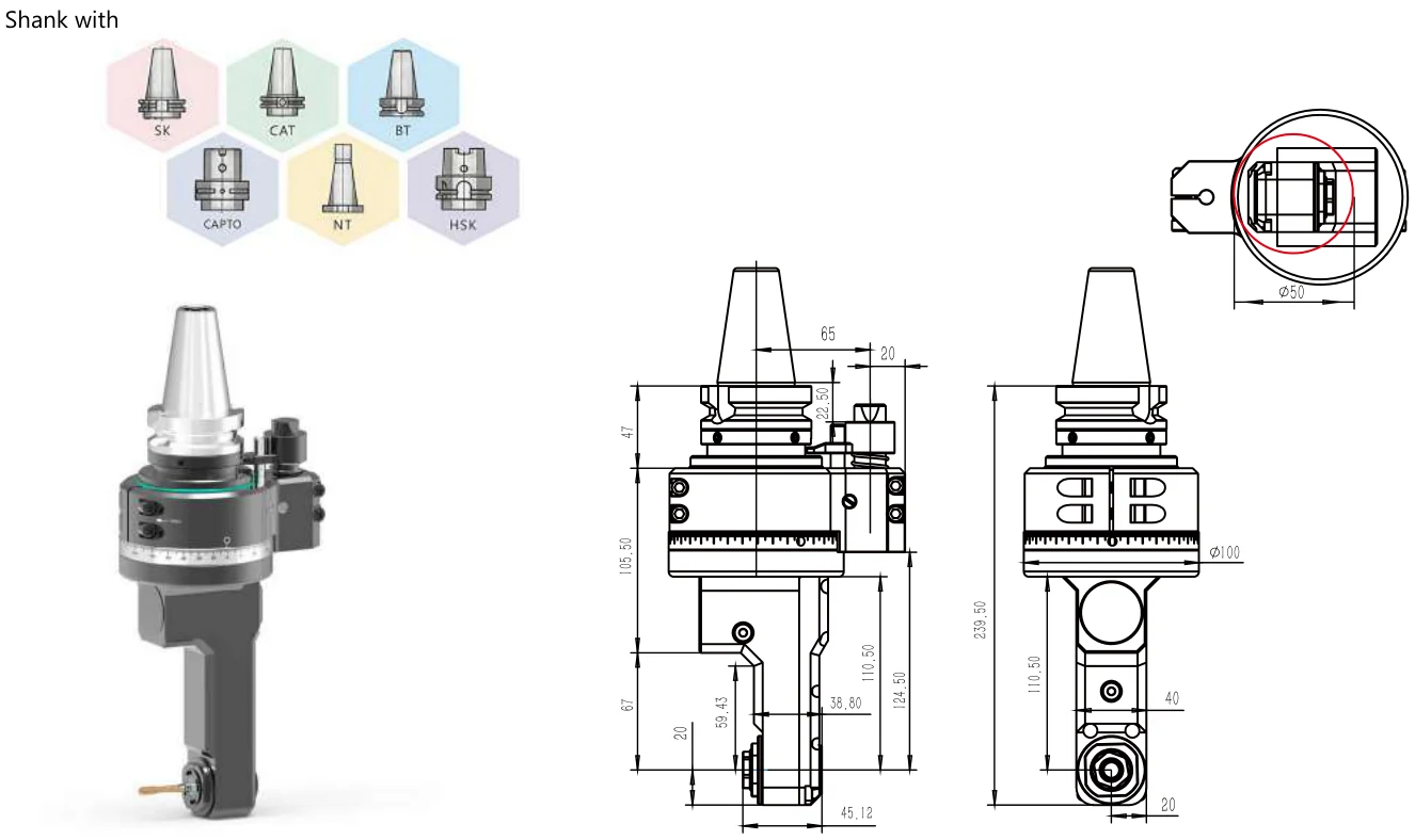 Mongtec BT40QPER16Q59 angle head — product view and dimensioned drawing