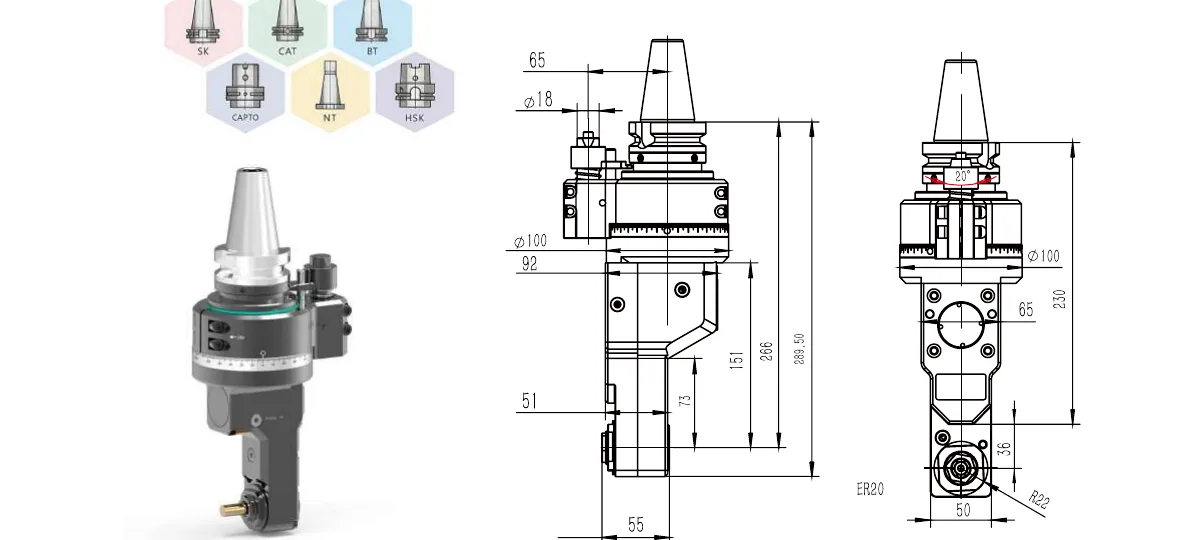 Mongtec BT40QPER20 angle head — product view and dimensioned drawing