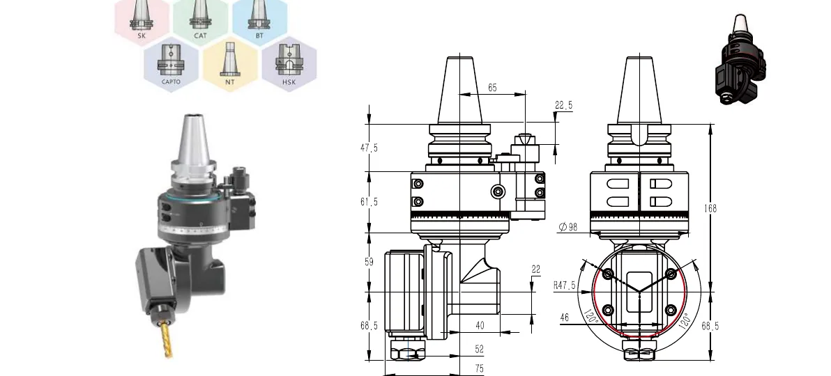 Mongtec BT40QW13 angle head — product view and dimensioned drawing