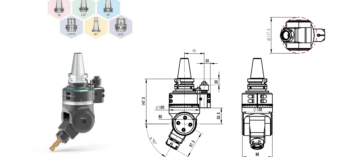 Mongtec BT40QYW16 angle head — product view and dimensioned drawing